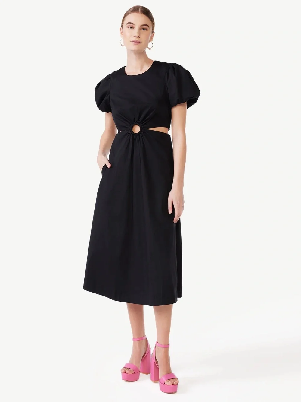 Puff-Sleeve Black Midi Dress with Ring Cutout - Picture 1 of 2